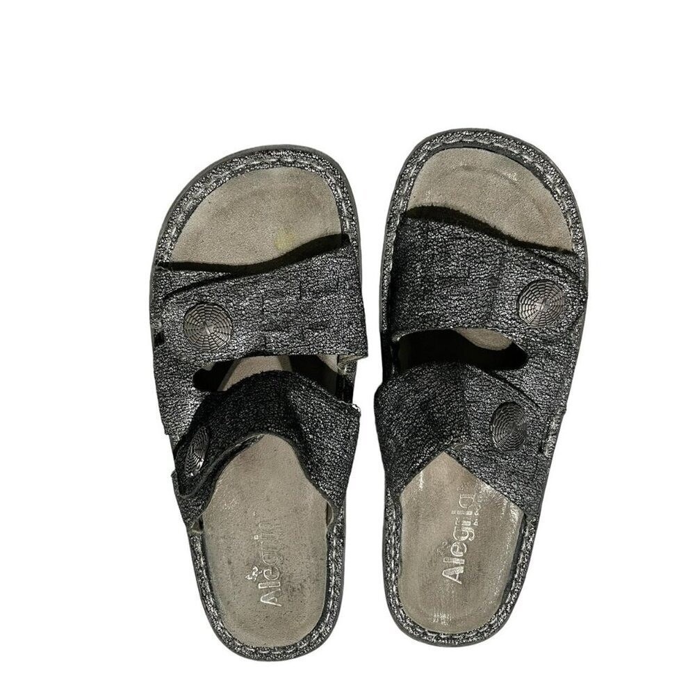Alegria by PG Lite Womens Metallic Pewter Leather Slide‎ Sandals Medallion 39